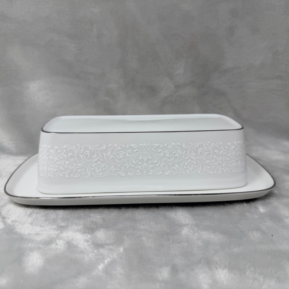 Crown Victoria Empress Fine China Butter Dish with Lid White Floral Silver Trim